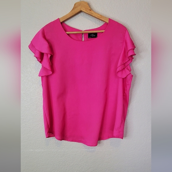💚5/$25 Milk & Honey Bright Pink Ruffle Short Sleeve Top Blouse Size Medium - Picture 1 of 5